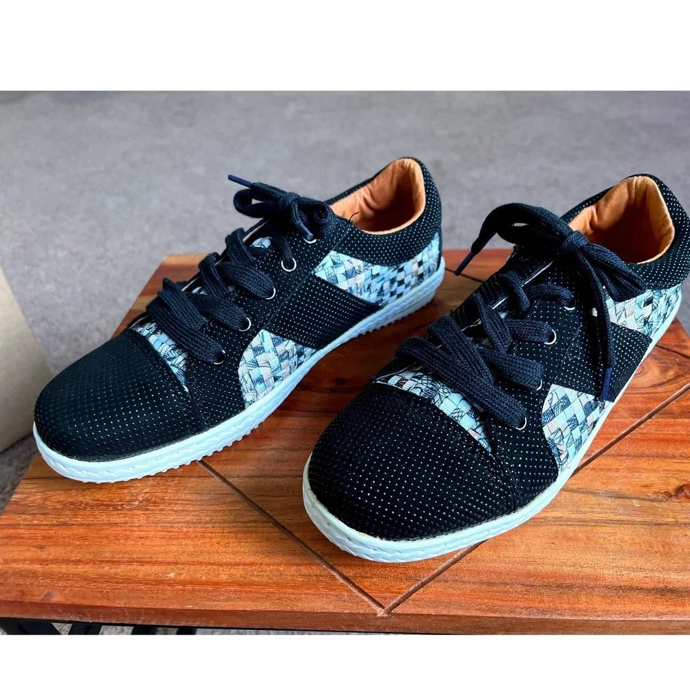 Bernie Mev Womens‎ Black Woven Dotted Low Top Sneakers Size 38/7 Lace Up Shoes